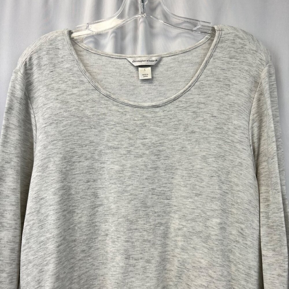Christopher & Banks Womens Round Kneck Top Heather Gray/Ivory Lace Trim Large - Picture 2 of 9